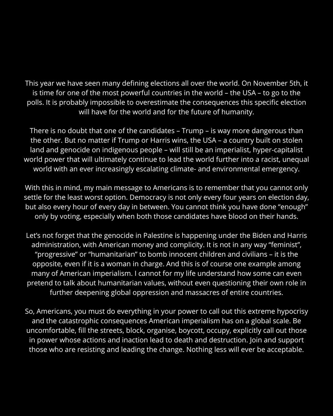 Greta Thunberg's plan of action in response to the 2024 U.S. presidential election.