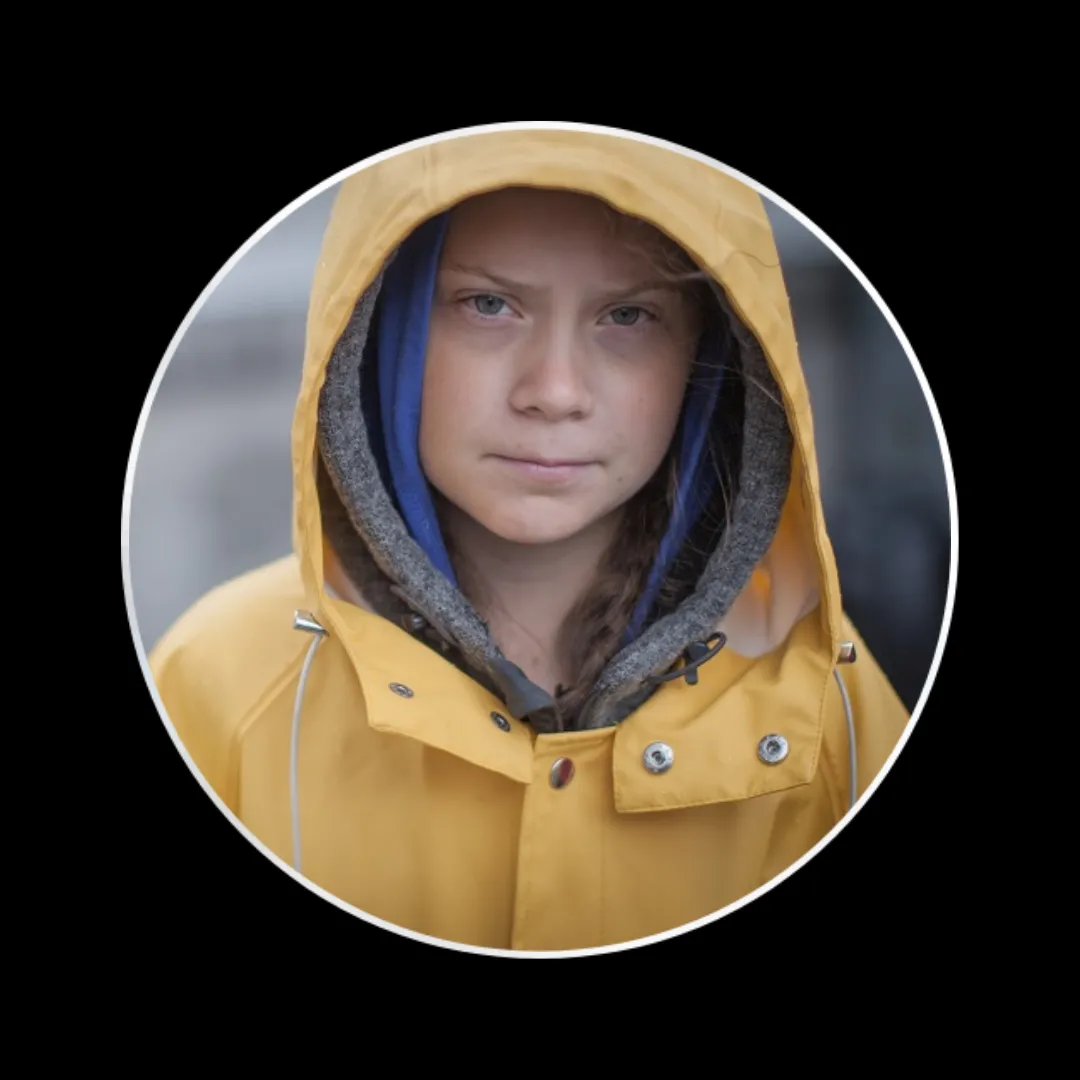 Greta Thunberg in iconic yellow rain jacket. 